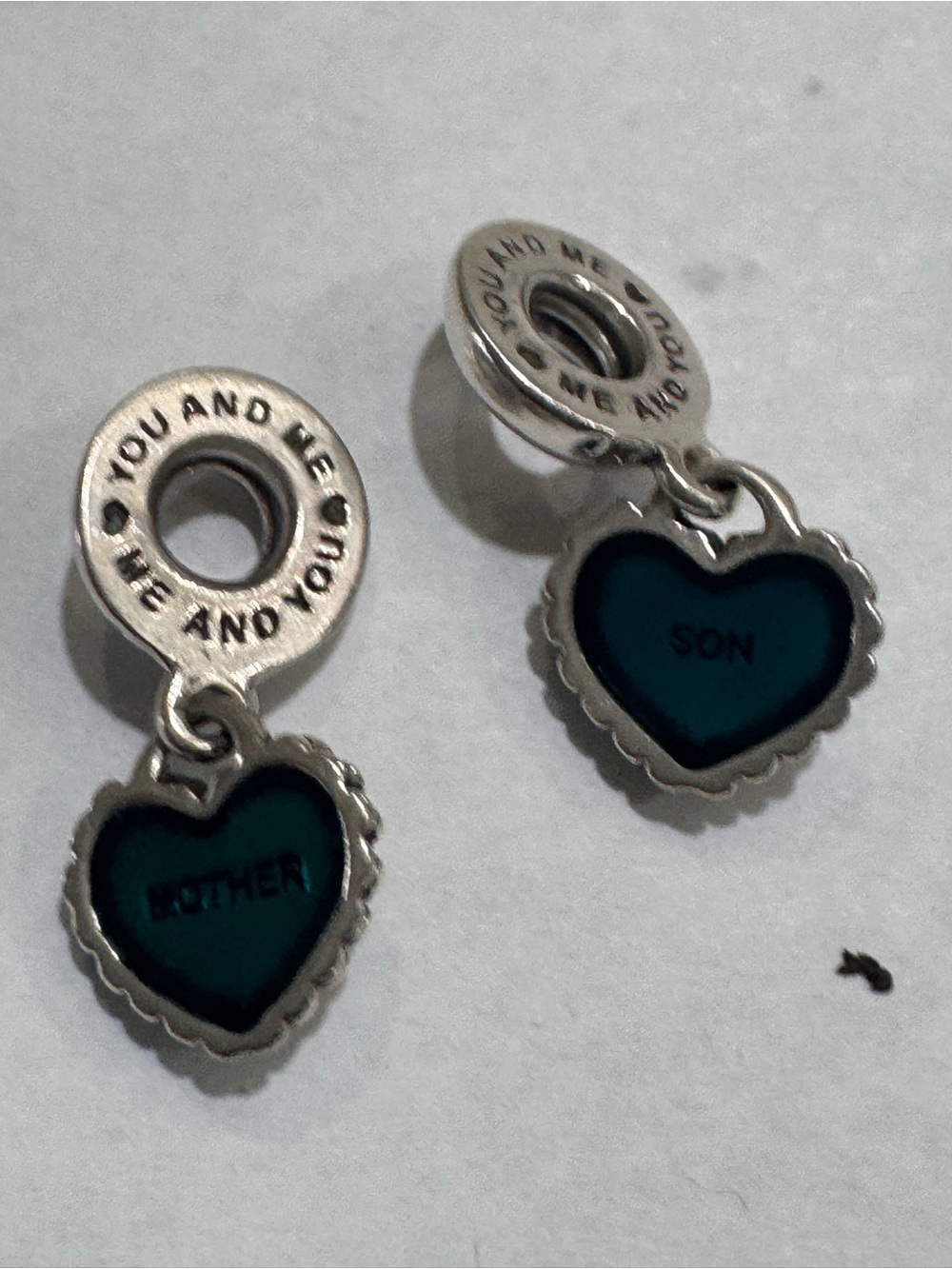 Pandora Silver Heart Dangle Charms with Teal Enamel - Mother & Son